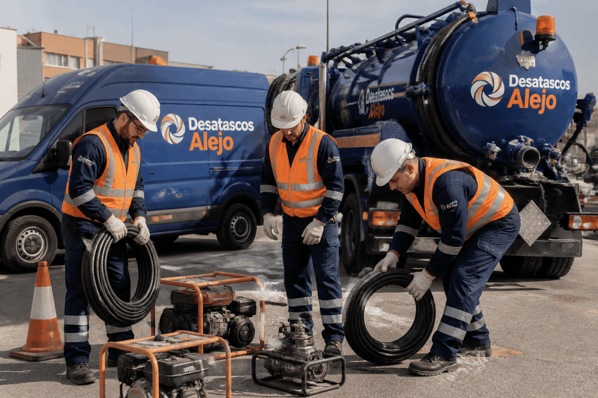 Tres técnicos con casco y chaleco naranja preparan mangueras y bombas portátiles naranja junto a una furgoneta y un camión cuba azules con rotulación Desatascos Alejo